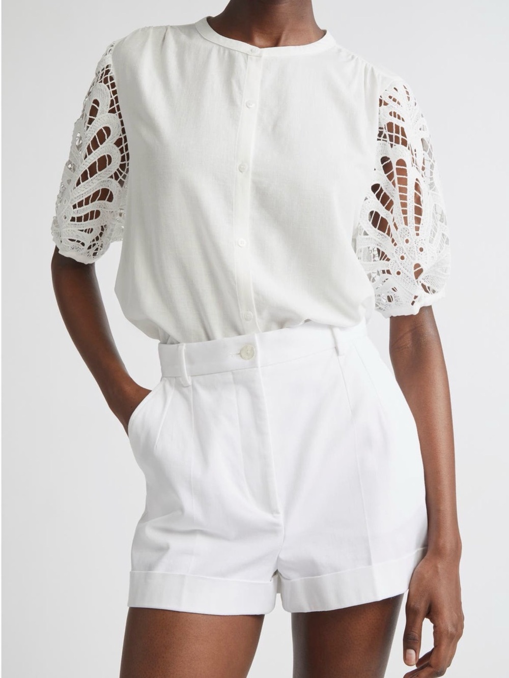Ramy Brook White Button-Front Blouse with Crochet Puff Sleeves